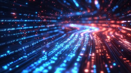 A dynamic abstract representation of flowing data streams with glowing blue and red light trails on a dark background.