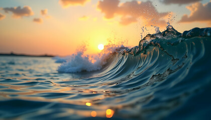 Ocean Wave Curling at Sunset with Warm Light and Splashes