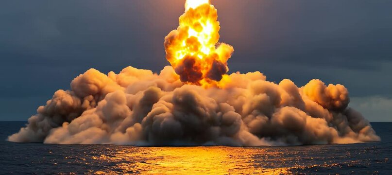 Submarine base ballistic missile launch. Military war aerial weapon. Generative video AI technology.	
