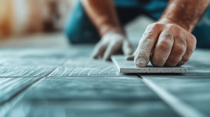 A skilled tradesman carefully places a tile on the floor, showcasing craftsmanship and dedication to detail in home improvement and renovation projects.