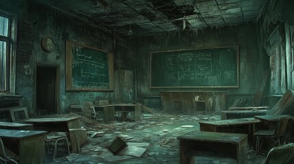 Decayed urban school building with faded chalkboards and desks strewn around
