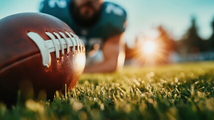 A close-up of a football on the grass during a sunset captures the essence of sports, competition, and the thrill of the game, framed by a backdrop of dynamic colors.