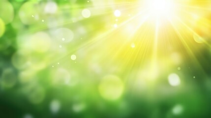 Naklejka premium Sunlight filters through a green, blurred background, creating a bright, glowing, and tranquil atmosphere with soft bokeh light effects.
