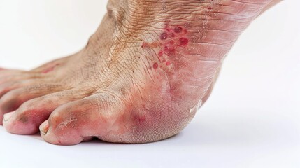 Close-up of human foot with fungal infection showing red and flaking skin, isolated on white background. Health condition, dermatology, podiatry and healthcare concept.