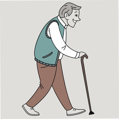 Smiling older man walks with cane, showcasing an active lifestyle with ease