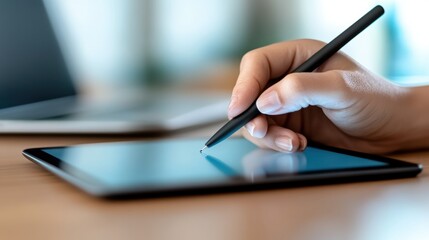 Fototapeta premium A hand uses a stylus to draw or write on a digital tablet with a blurred laptop in the background.