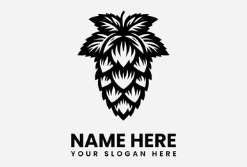 Stylized black and white hops illustration with leaves, ideal for branding, logo, or graphic design.