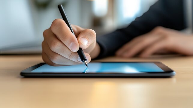 A person uses a stylus to write or draw on a tablet placed on a wooden table in a modern, blurred background setting.