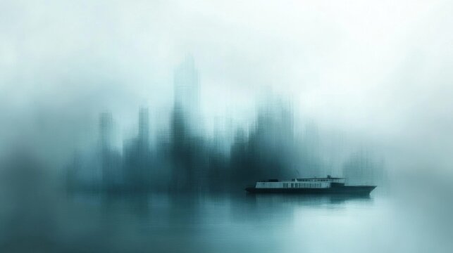 city fog boat foreground cybernetic civilizations blurred dreamy illustration anti utopia shrouded towers
