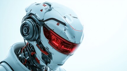 A detailed close-up of a futuristic robot’s head with glowing red eyes, showcasing advanced technology and design, evoking themes of artificial intelligence and future possibilities.