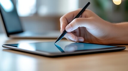 A hand uses a stylus pen to interact with a digital tablet, with a laptop blurred in the background, suggesting a modern workspace.