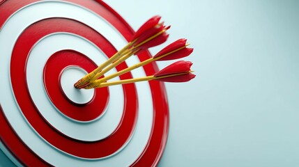 Red and white target board with many arrow in the center as a symbol of success and achievement of the aim