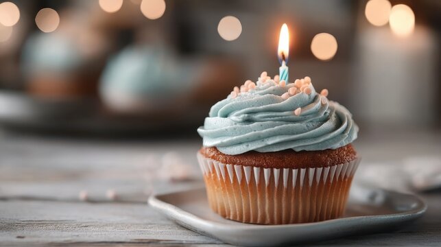 An enticing cupcake adorned with soft blue frosting and a candle, evoking birthday celebrations and joyful gatherings filled with sweet treats and heartfelt wishes.