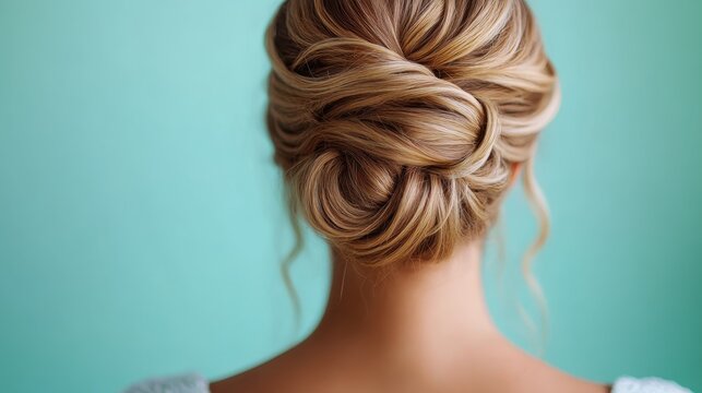 An elegant updo hairstyle of a woman displayed in soft focus captures the beauty and sophistication of hairstyling, emphasizing the art of grooming and personal style.
