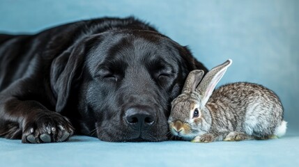 Adorable Black Lab and Bunny Napping Together: A Peaceful Portrait of Inter-species Friendship
