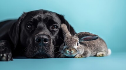 Adorable Black Labrador and Grey Bunny: A heartwarming portrait of unlikely friends.  A captivating image showcasing the beauty of interspecies companionship and the bond between a