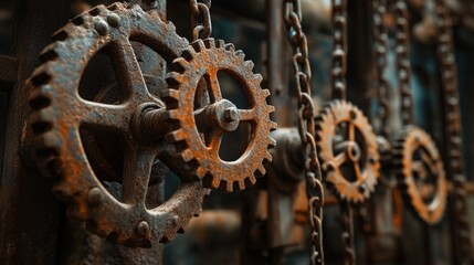 Eerie abandoned factory filled with hanging chains and rusted gears
