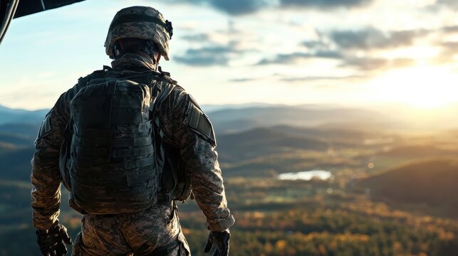 A soldier in military gear stands on the edge of a breathtaking landscape during sunset, symbolizing bravery, sacrifice, and connection with nature.