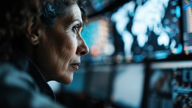 A strongly focused woman analyzes complex data on multiple screens, representing the intersection of technology, intelligence, and modern problem-solving.