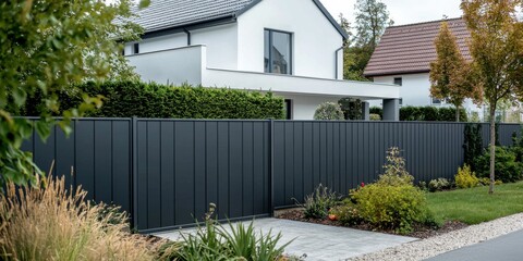 Modern Gray Metal Fence and Contemporary House Exterior Design. Beautiful Landscaping and Gated Residential Property. Real Estate Photography