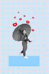 Banner 3d image pop vertical collage of happy small teenage girl hold umbrella walk like reaction...