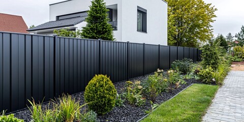 Modern Black Metal Fence and Landscaping: Contemporary Home Exterior Design