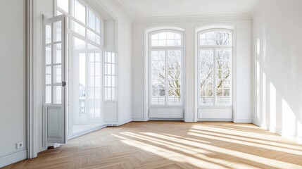 Bright and Spacious Room Interior Design with Elegant White Walls and Hardwood Floors. Sunlight streams through large windows, creating a luxurious and minimalist atmosphere. Ideal