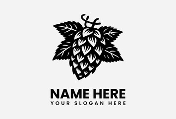 Black and white illustration of a hop cone with leaves, suitable for a brewery logo.