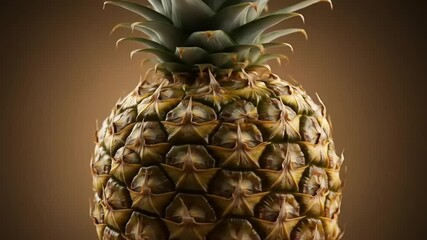 Close-up view of a ripe pineapple showcasing its textured skin and vibrant green crown against a warm background