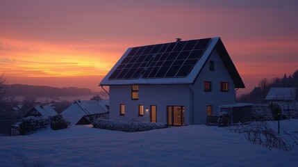 Stunning Sunset over a Modern Solar-Powered Home in a Snowy Landscape. Eco-friendly architecture, renewable energy, and winter wonderland scenery combine for a captivating image.