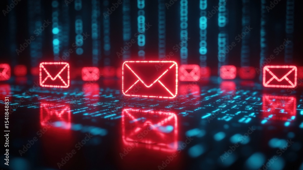 Poster digital red email icons glowing over a futuristic blue data background symbolizing communication and