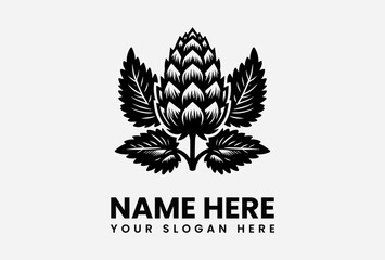 Black and white illustration of a hop cone with leaves, and placeholder text for name and slogan.