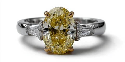 Dazzling Yellow Diamond Ring: Luxury, Elegance, and Bridal Sparkle. This exquisite piece of jewelry features a radiant yellow diamond, surrounded by sparkling platinum and gold acc