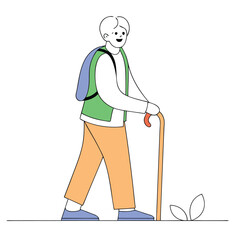 Smiling person hikes with a backpack, wearing orange pants and using a walking stick