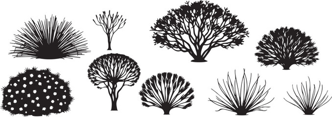 A set of shrubs and trees. Hand drawn vector illustration