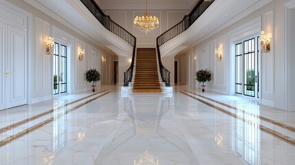 Elegant White Marble Hallway with Double Staircase and Crystal Chandelier
