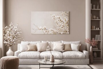 Serene Minimalist Living Room Interior Design with White Sofa and Blossom Artwork. Peaceful and Elegant Home Decor, Neutral Colors and Cozy Atmosphere.