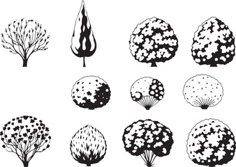 A set of shrubs and trees. Hand drawn vector illustration