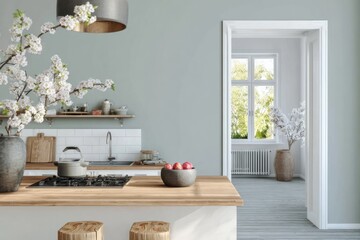 Modern Kitchen Interior Design: A Luxurious and Serene Space.  Discover the elegance of minimalist architecture, natural light, and a calm atmosphere in this beautiful home design.