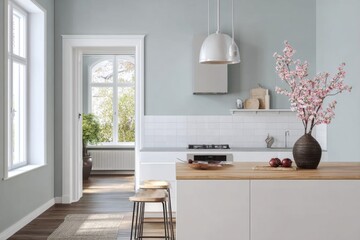 Modern Kitchen Interior Design: A Bright, Minimalist Space with Elegant Decor and Stunning Views