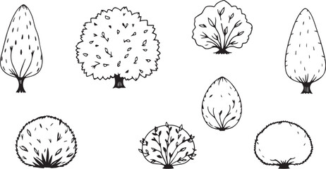 A set of shrubs and trees. Hand drawn vector illustration