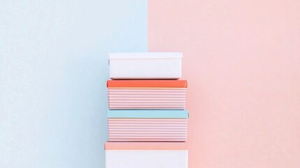 stacked package boxes in various colors and patterns, against pastel colored background