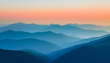 minimalist illustration of layered mountains in soft blue and orange hues under a calm sky