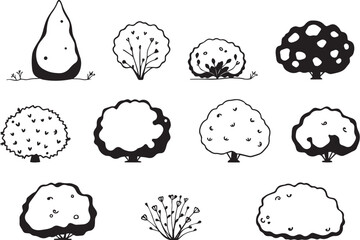 A set of shrubs and trees. Hand drawn vector illustration