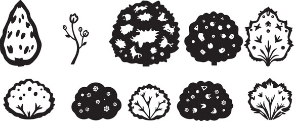 A set of shrubs and trees. Hand drawn vector illustration