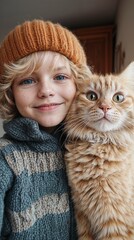 boy making selfie with his cat. Smiling Kid with pet casual shot