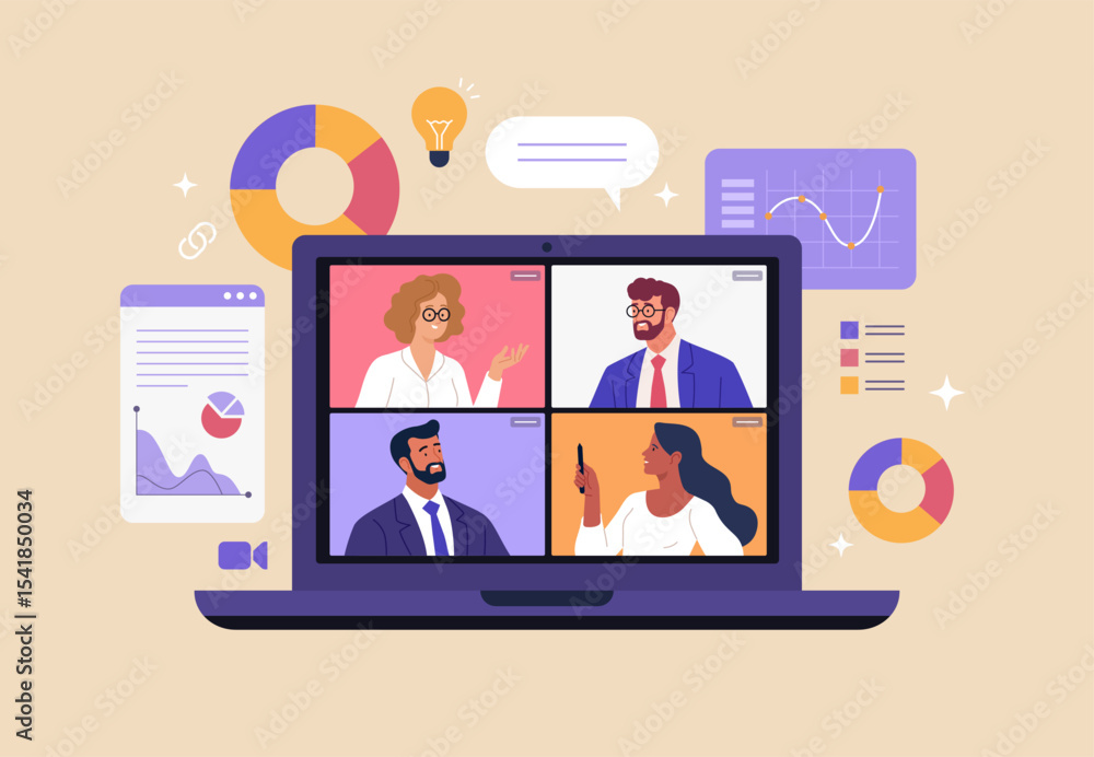 Aufkleber online business concept. vector cartoon illustration of a group of diverse people doing analytics on