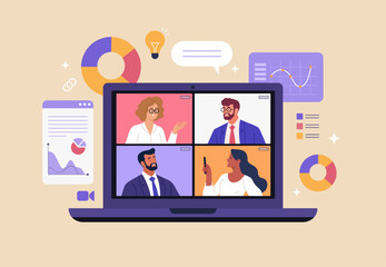 Online Business Concept. Vector cartoon illustration of a group of diverse people doing analytics on a laptop monitor via video call. Isolated on background.