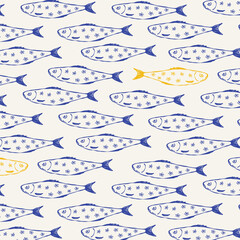 Blue sardines little fish seamless pattern. Cartoon hand drawn fishes, marine underwater animal background for wrapping paper, textile, wallpaper design. Vector texture