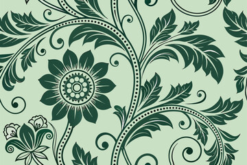 Vintage green floral pattern with swirling vines and leaves, ornamental botanical design for fabric or wallpaper